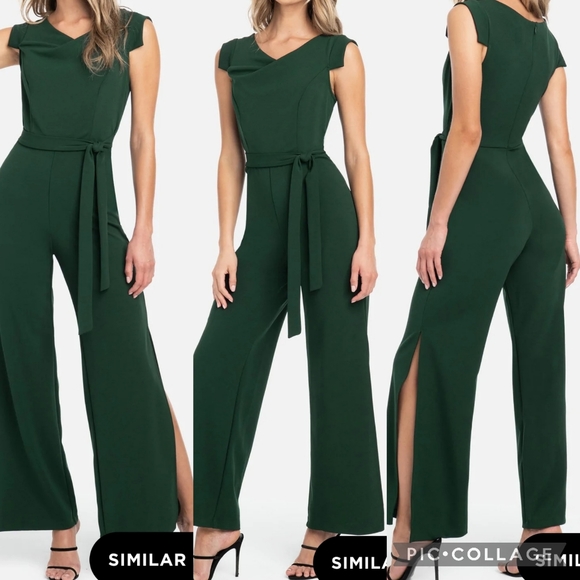 Bebe Side Slit Wideleg Jumpsuit Green Tie Waist - Picture 1 of 14